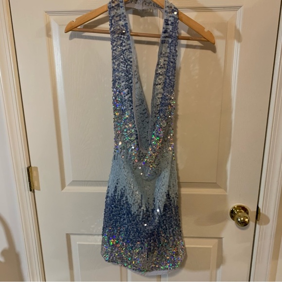 NWT PrettyLittleThing Petite Blue Ombre Sequin Cowl Neck Halter Mini Dress - Picture 3 of 6